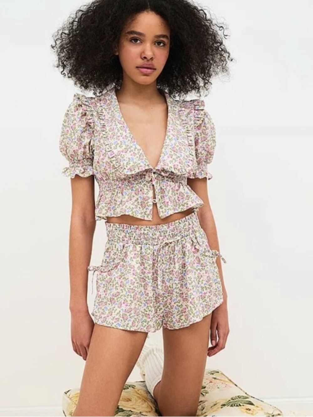 NWT For Love & Lemons short top set floral butterflies pink blue XS